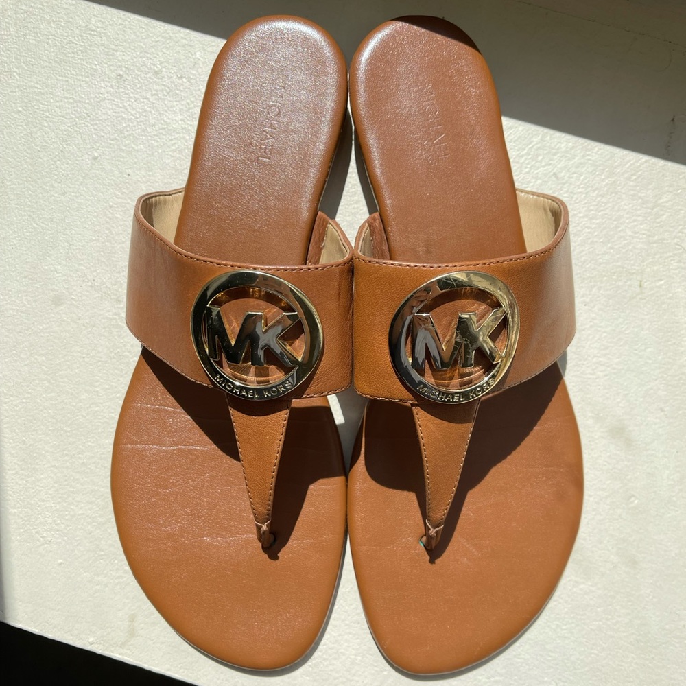 Michael Kors Brown Leather Thong Sandals with Gold MK Logo